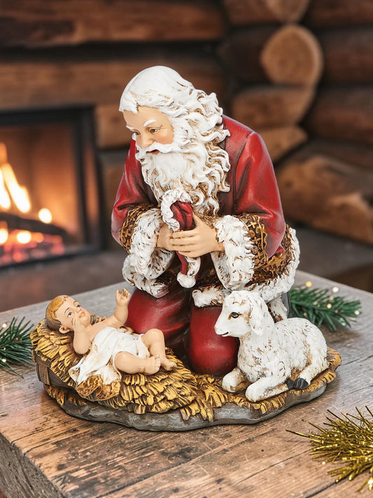 5" Kneeling Santa w/ Baby Jesus and Lamb Figure