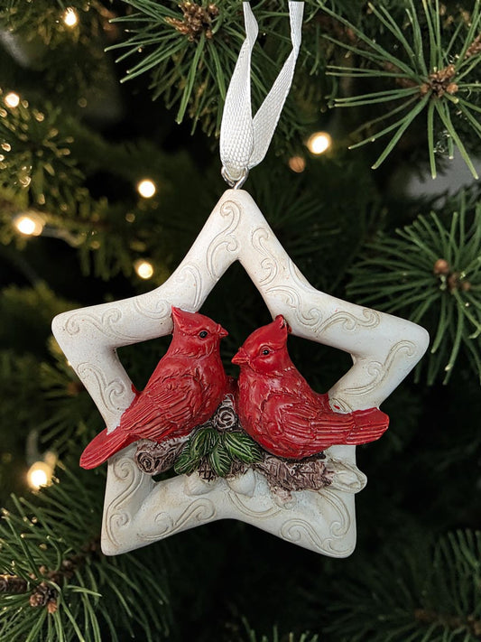3" White Star with Cardinals Ornament