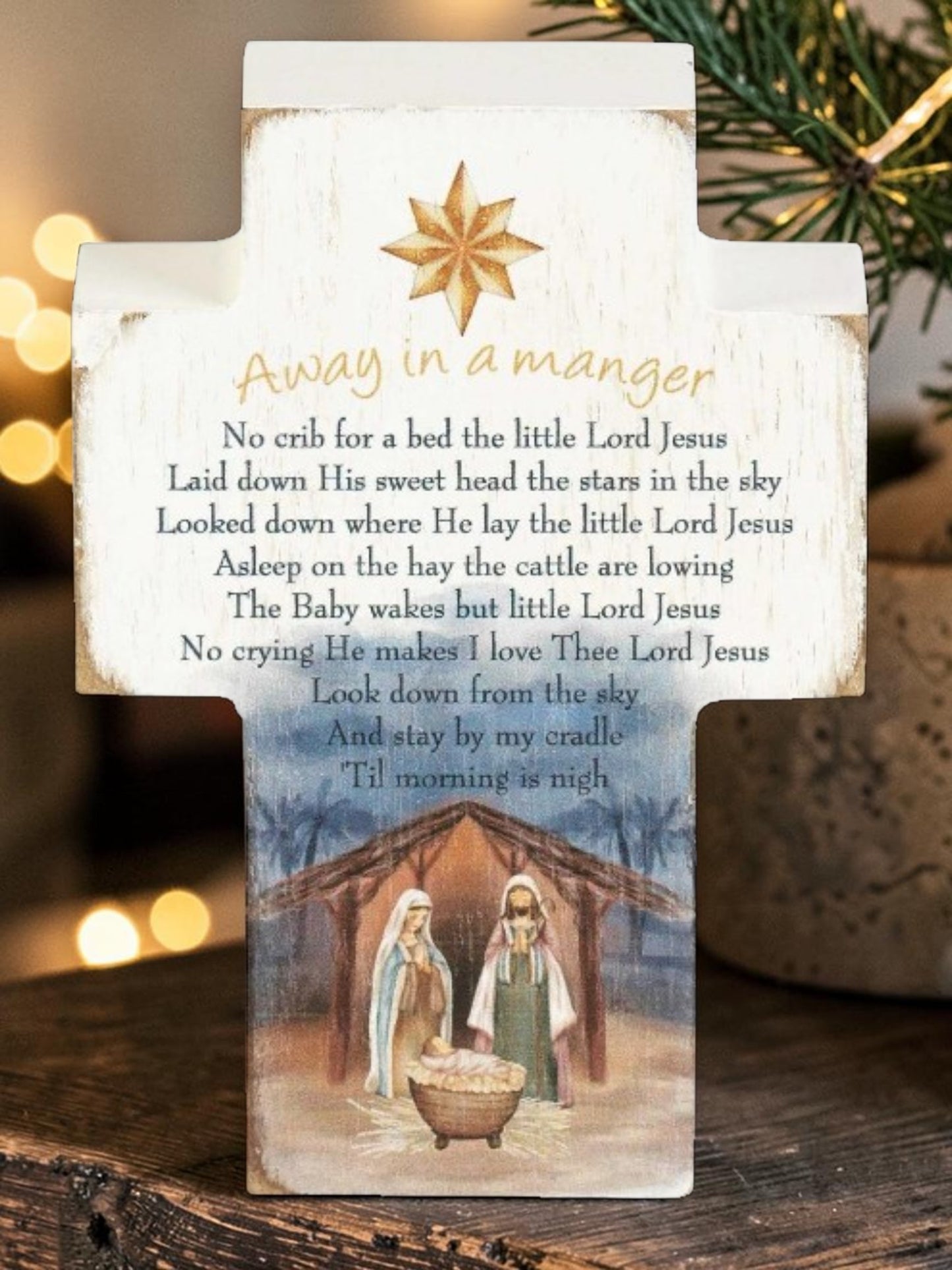 4" Away in a Manger Holy Family Tabletop Cross