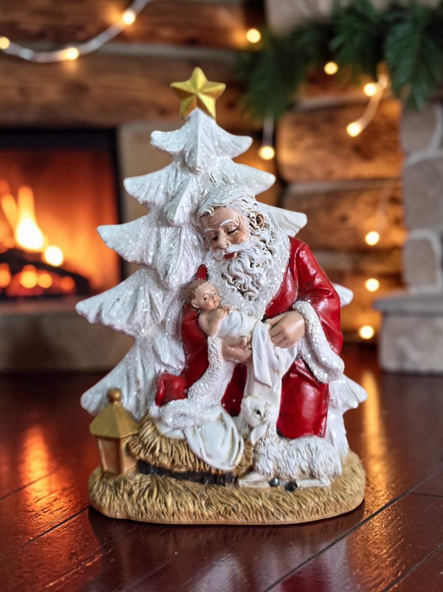 Santa Holding Baby Jesus Glitter Tree Figure