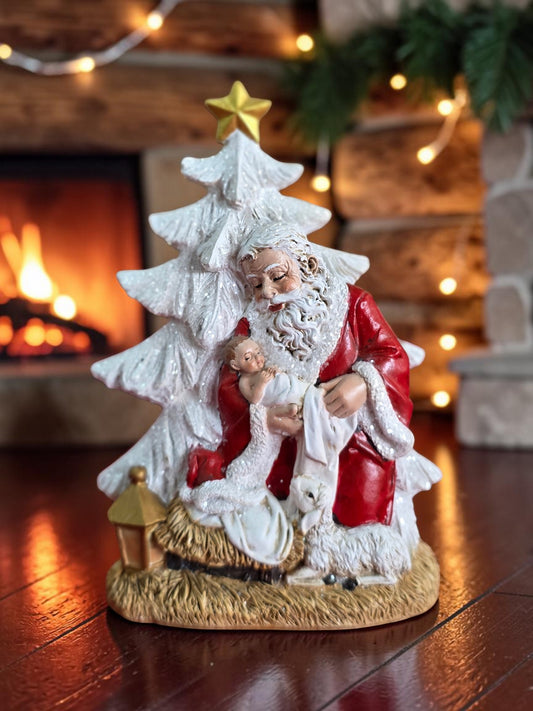 Santa Holding Baby Jesus Glitter Tree Figure