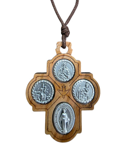 Olive Wood 4 Way Cross Cord Necklace