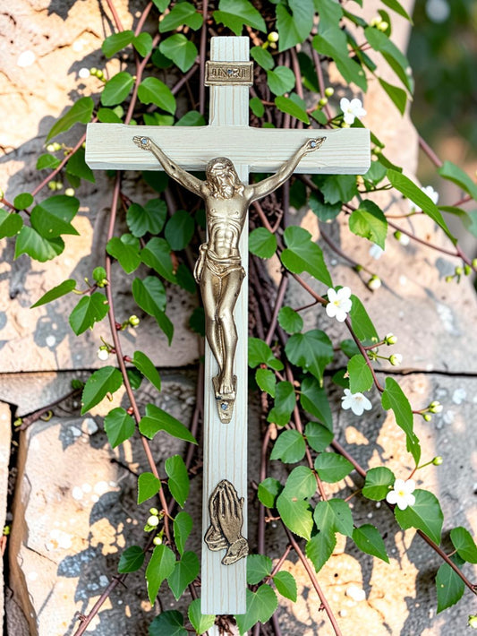 12" Wood Crucifix with Praying Hands