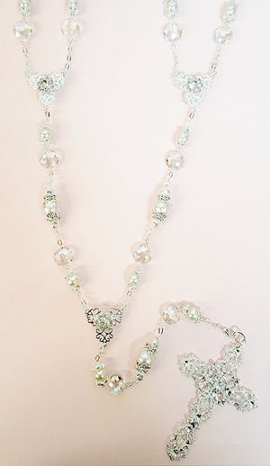 Silver Pearl and Crystal Bead Rosary Wedding Lasso
