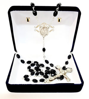 Sacred Heart of Jesus Sterling Silver Black Glass Rosary