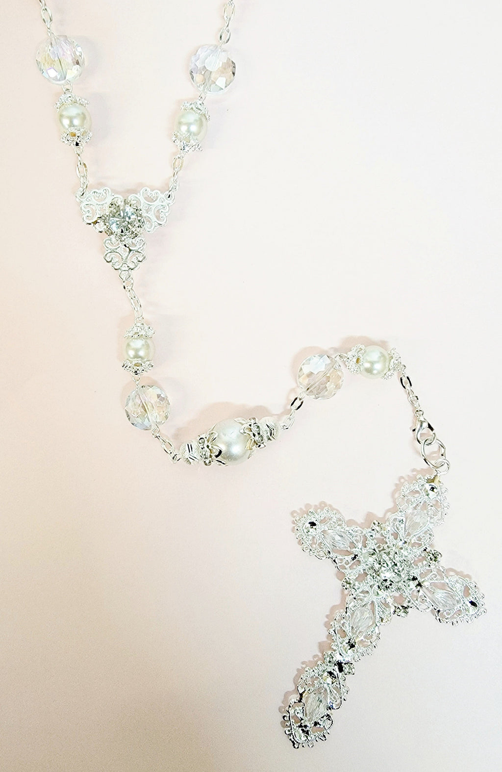 Silver Pearl and Crystal Bead Rosary Wedding Lasso
