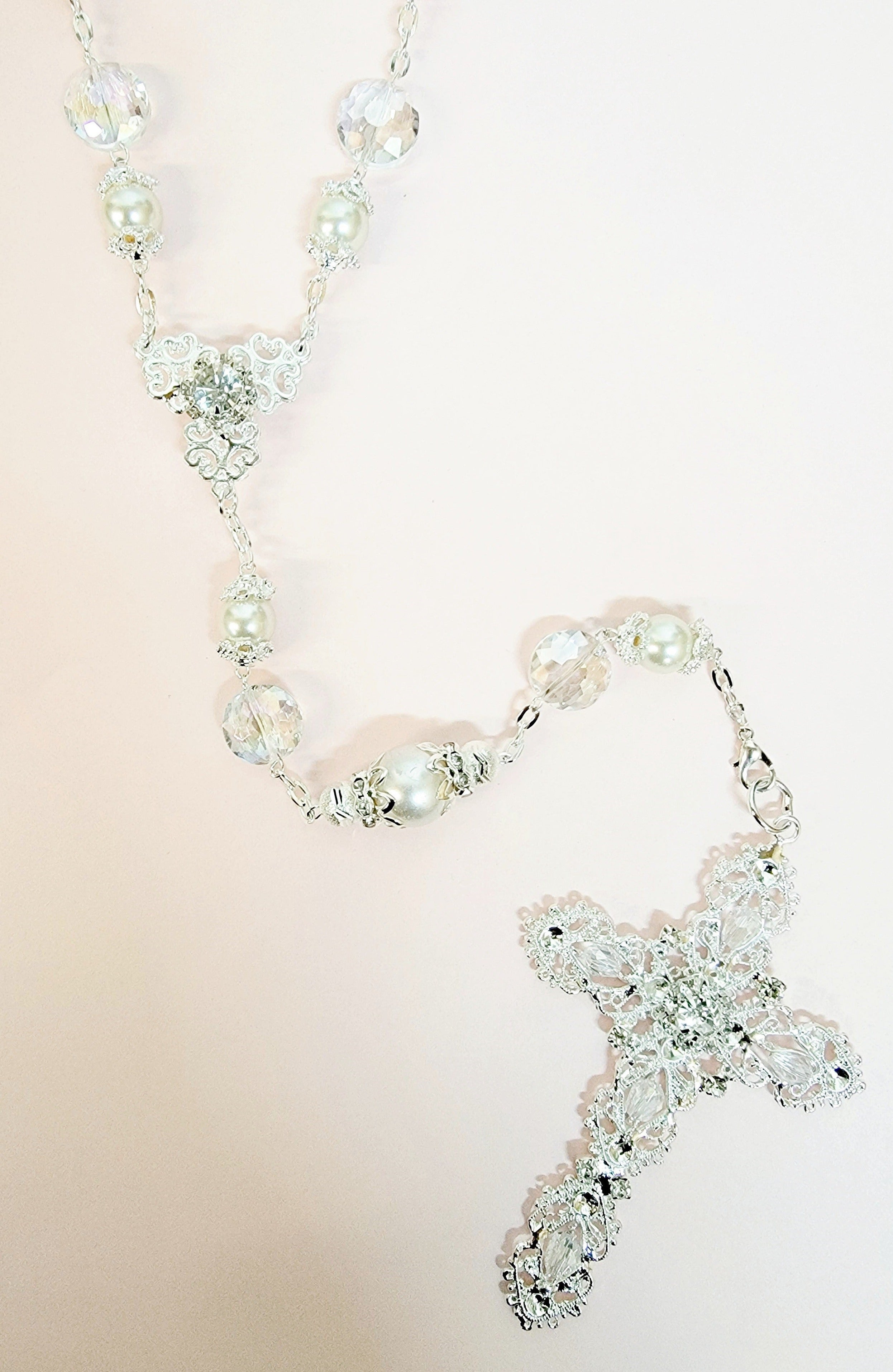 Silver Pearl and Crystal Bead Rosary Wedding Lasso