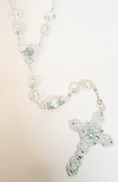 Silver Pearl and Crystal Bead Rosary Wedding Lasso