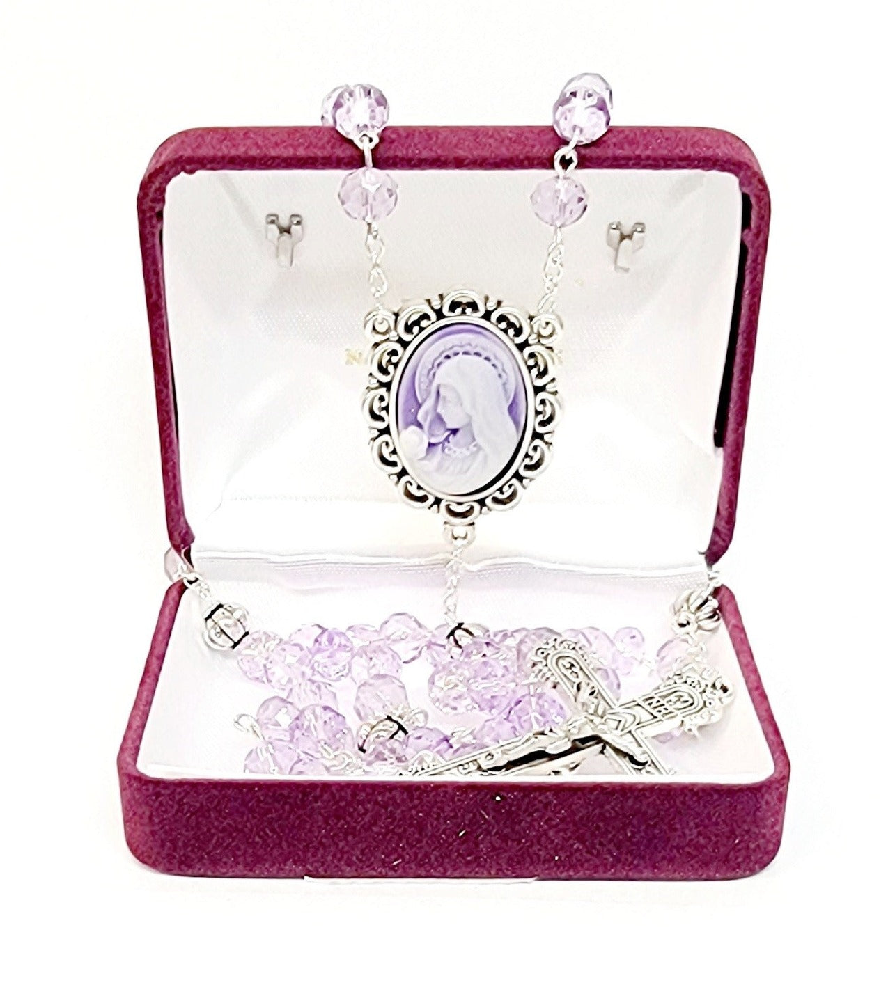 Violet Cameo Our Lady of Lourdes Rosary with Holy Water