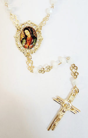 Our Lady of Guadalupe with Holy Spirit Crystal White Rosary