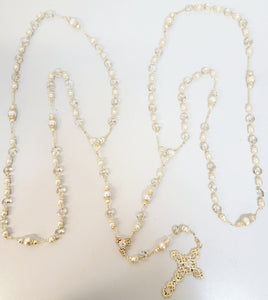 Gold Pearl and Crystal Bead Rosary Wedding Lasso