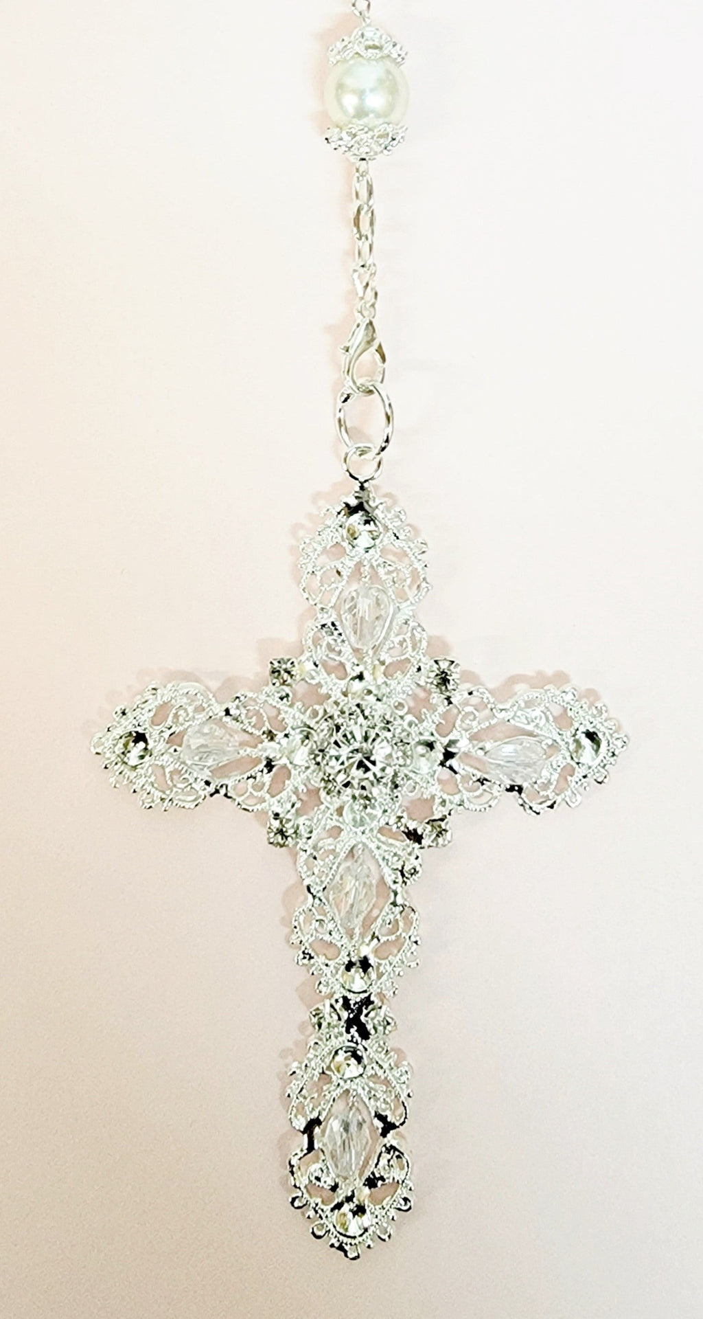 Silver Pearl and Crystal Bead Rosary Wedding Lasso