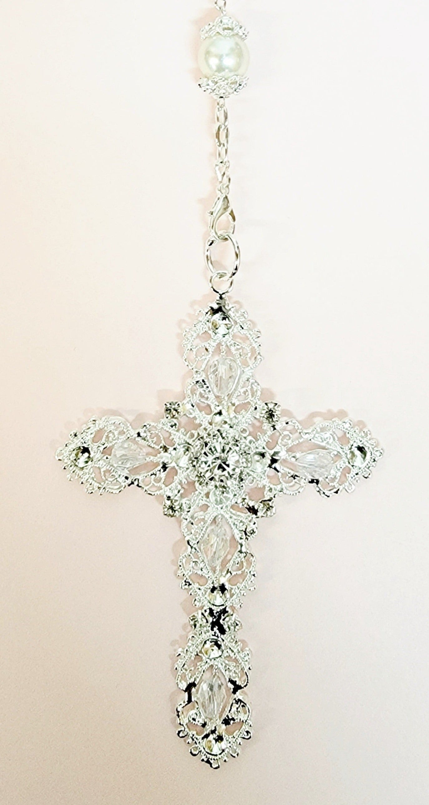 Silver Pearl and Crystal Bead Rosary Wedding Lasso