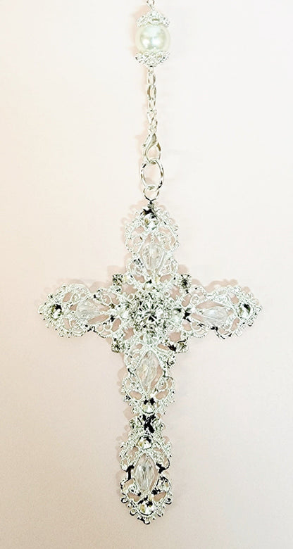 Silver Pearl and Crystal Bead Rosary Wedding Lasso