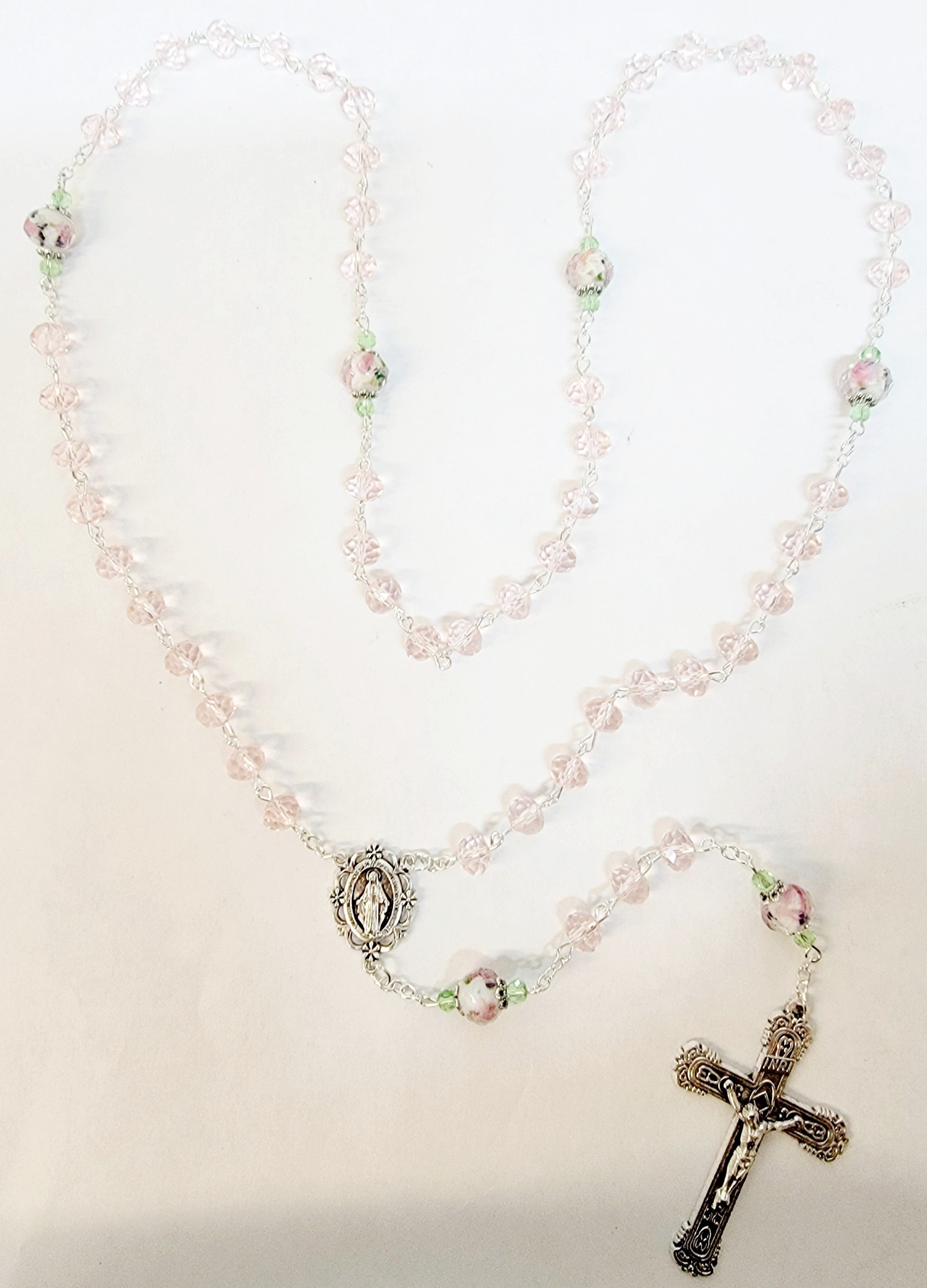 Miraculous Pink Floral Crystal Rosary