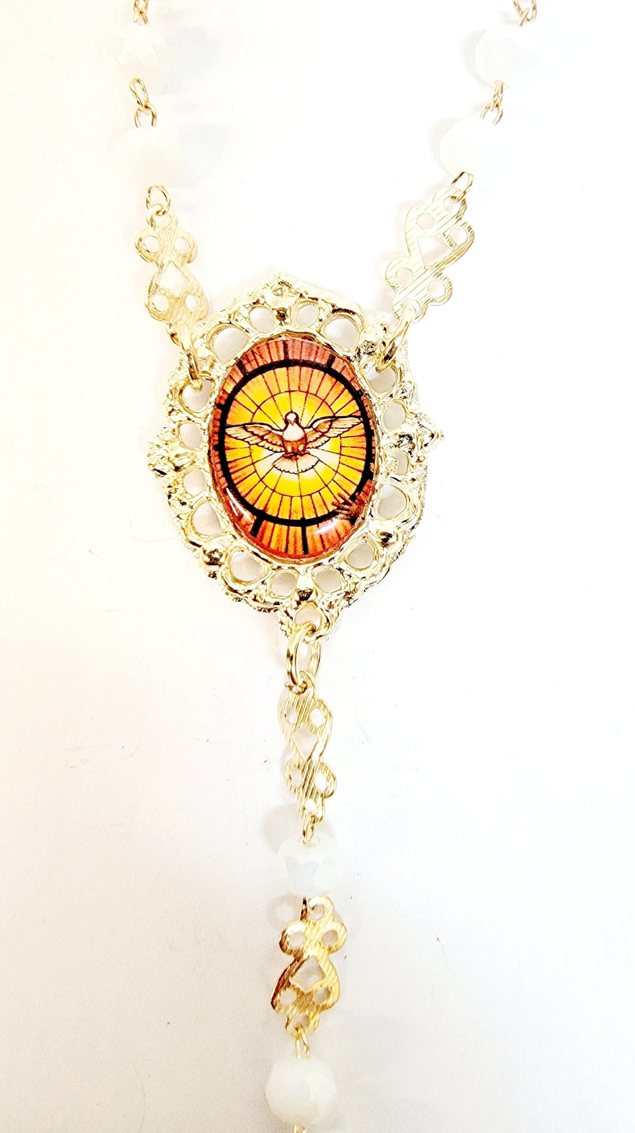 Our Lady of Guadalupe with Holy Spirit Crystal White Rosary