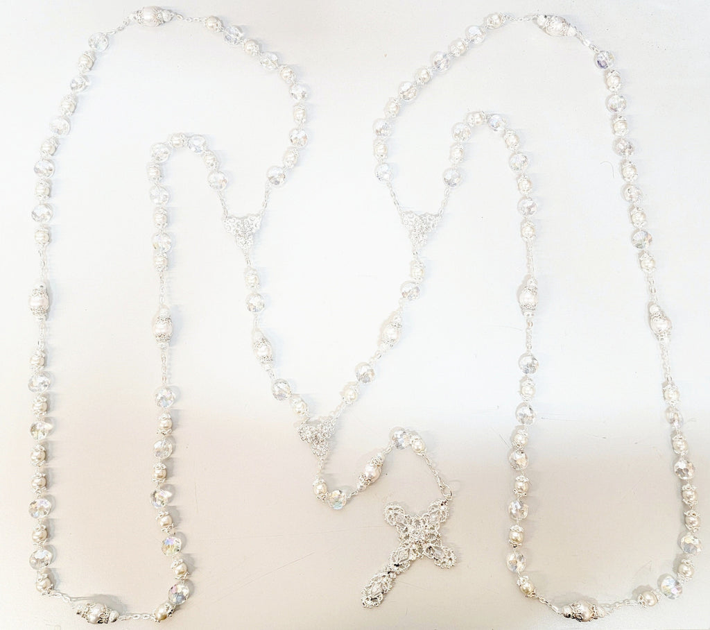 Silver Pearl and Crystal Bead Rosary Wedding Lasso