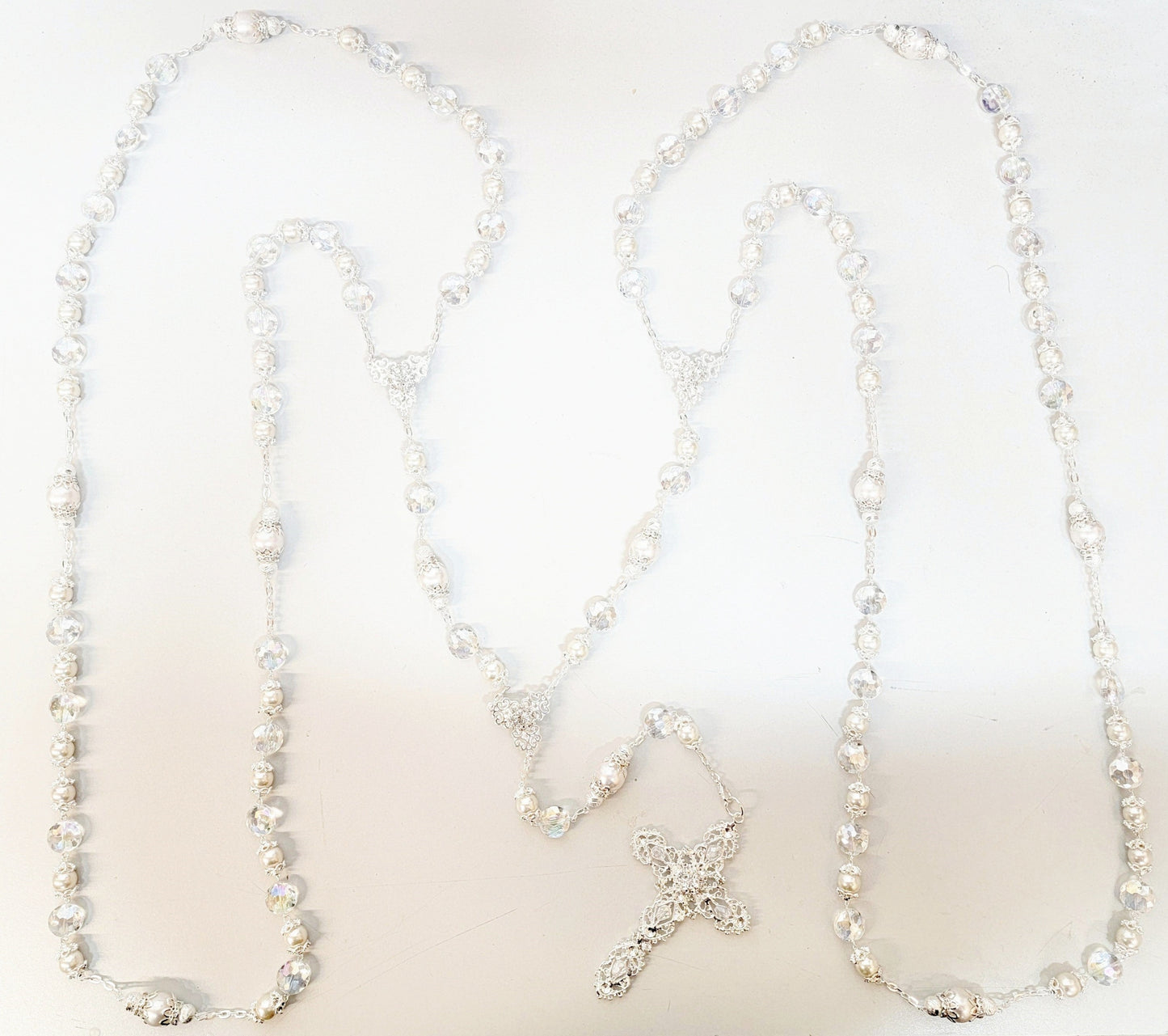 Silver Pearl and Crystal Bead Rosary Wedding Lasso