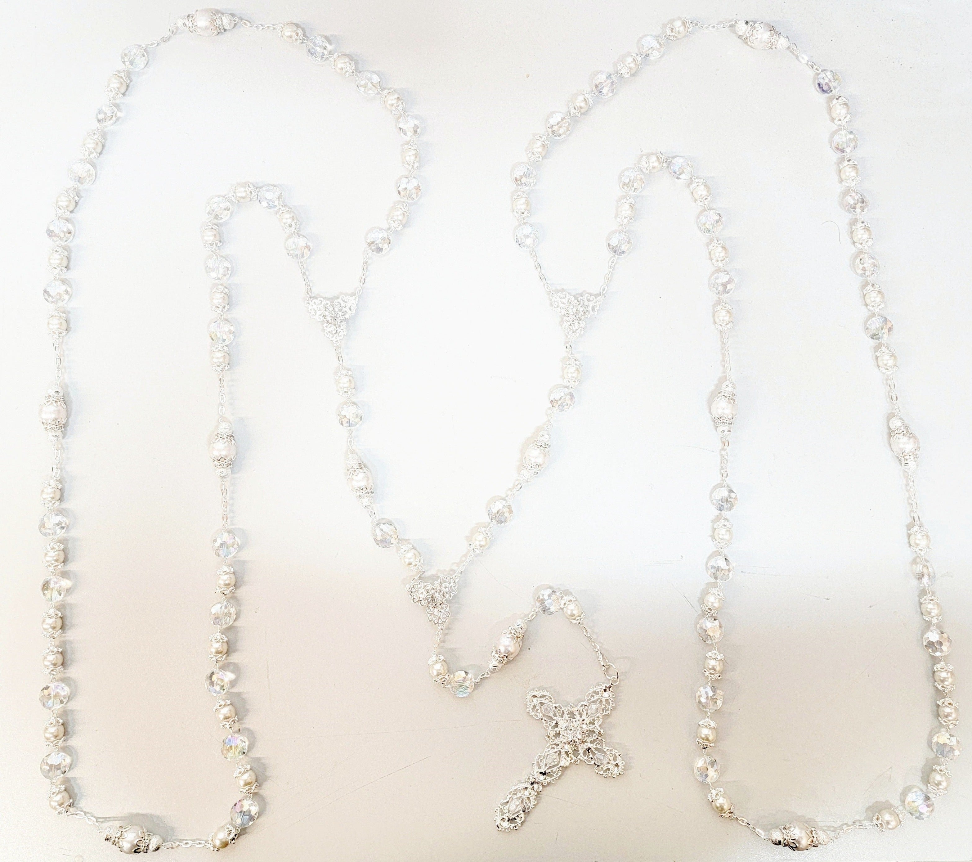 Silver Pearl and Crystal Bead Rosary Wedding Lasso
