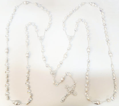 Silver Pearl and Crystal Bead Rosary Wedding Lasso