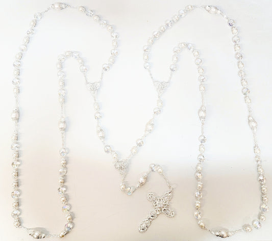 Silver Pearl and Crystal Bead Rosary Wedding Lasso