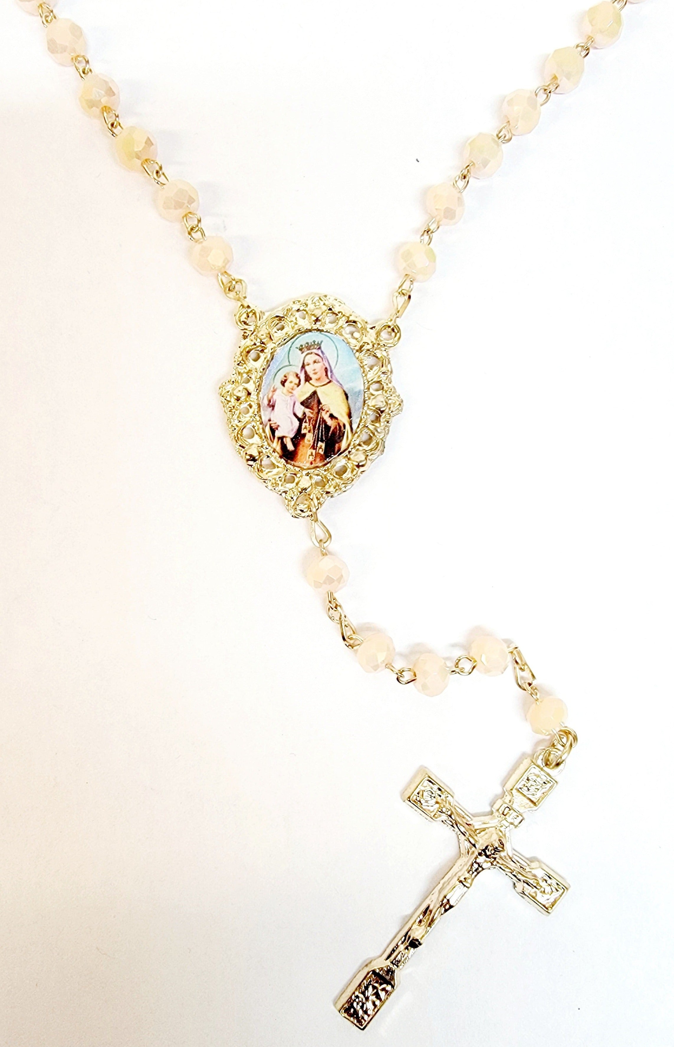 Our Lady of Mount Carmel Crystal Peach Rosary