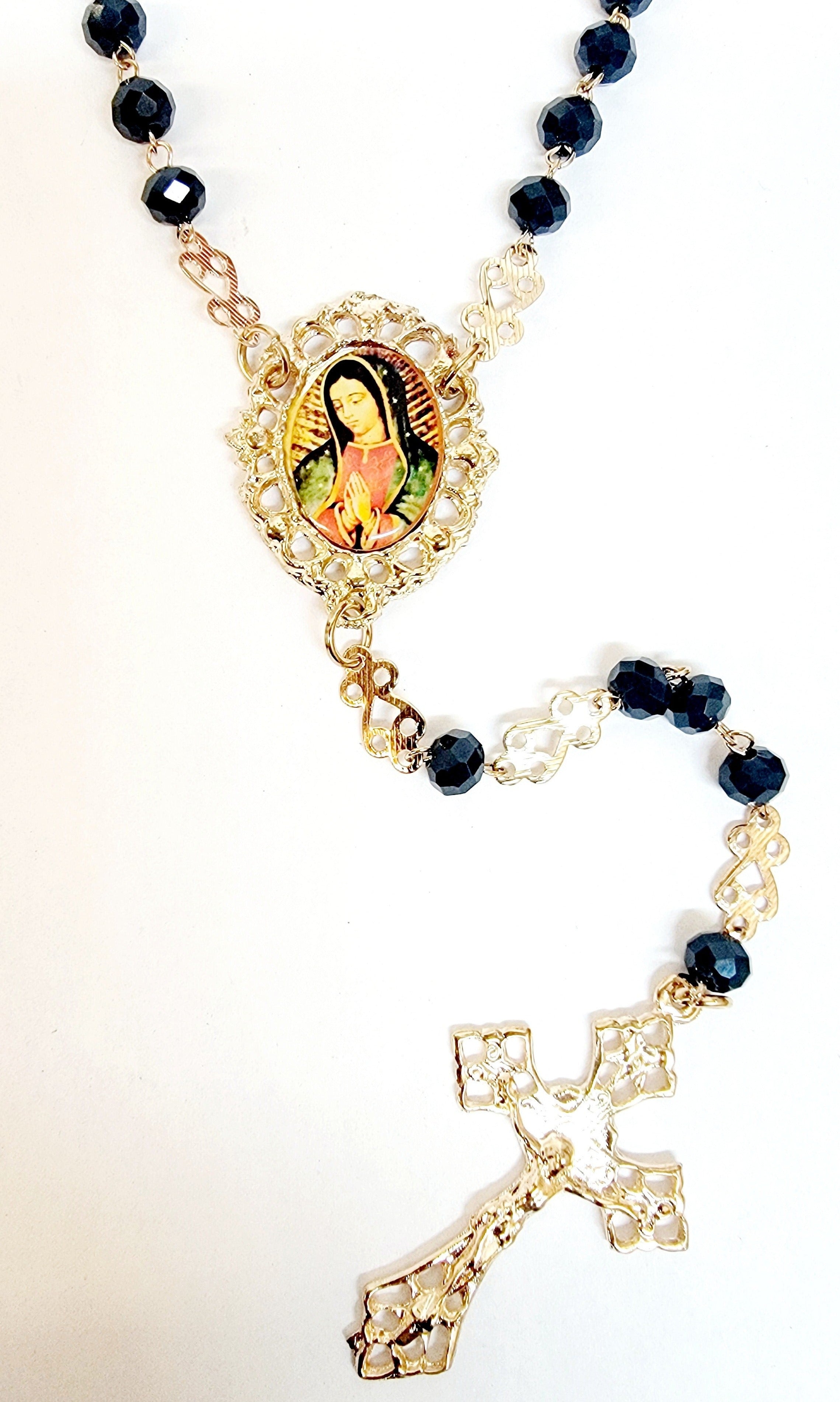 Our Lady of Guadalupe with Our Lady of Sorrows Crystal Dark Midnight Blue Rosary