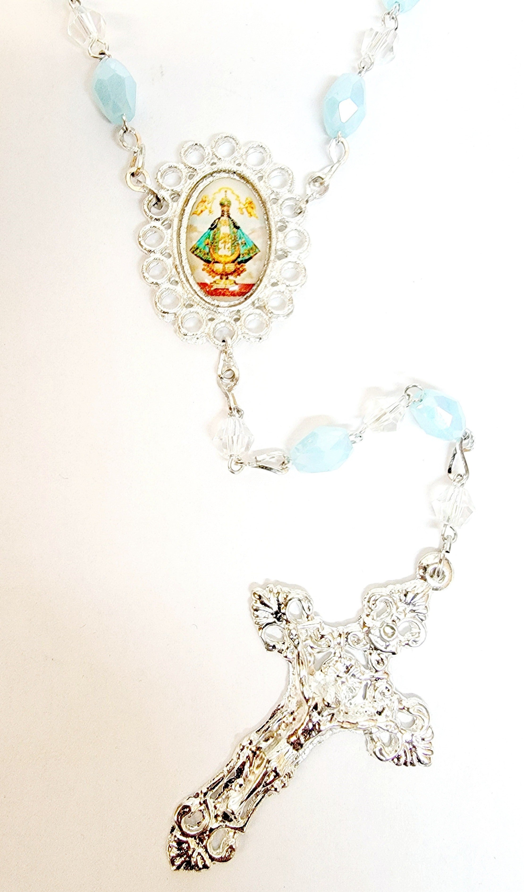 Our Lady of San Juan 5 Image Blue Crystal Rosary