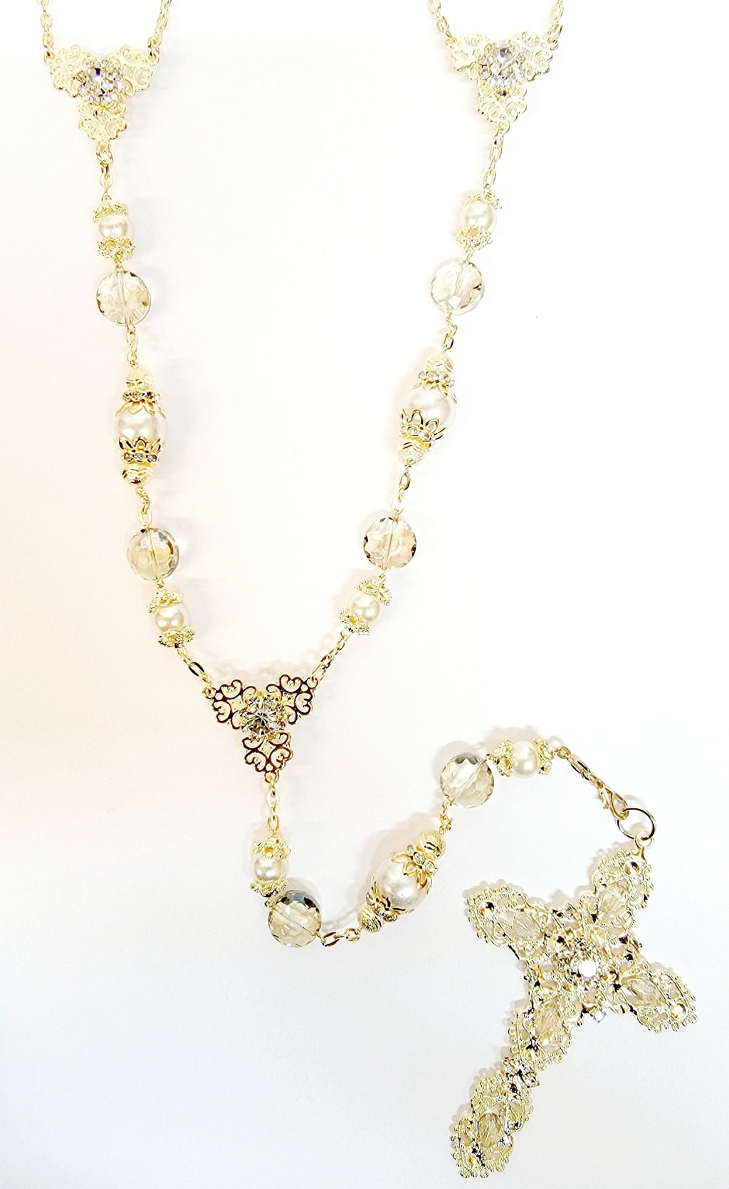 Gold Pearl and Crystal Bead Rosary Wedding Lasso