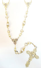 Gold Pearl and Crystal Bead Rosary Wedding Lasso