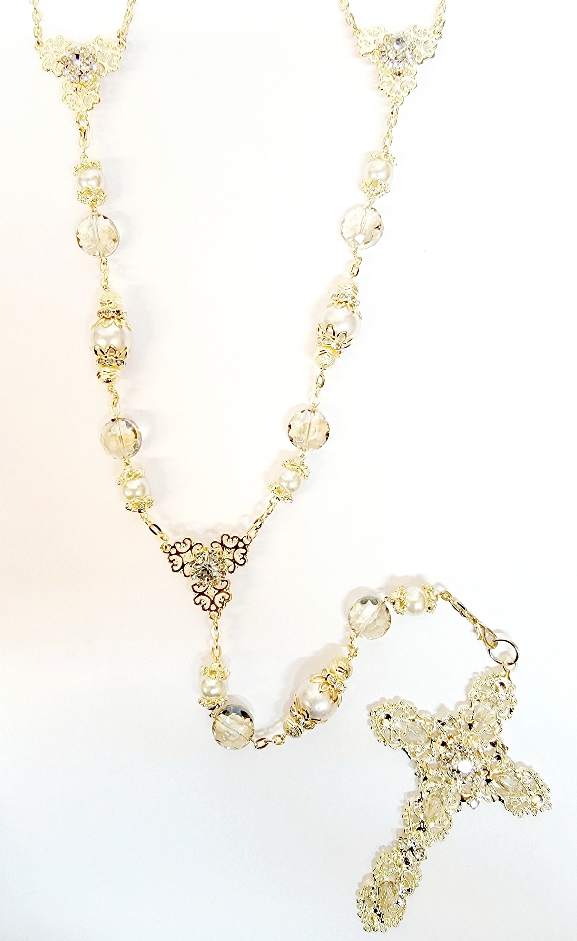 Gold Pearl and Crystal Bead Rosary Wedding Lasso