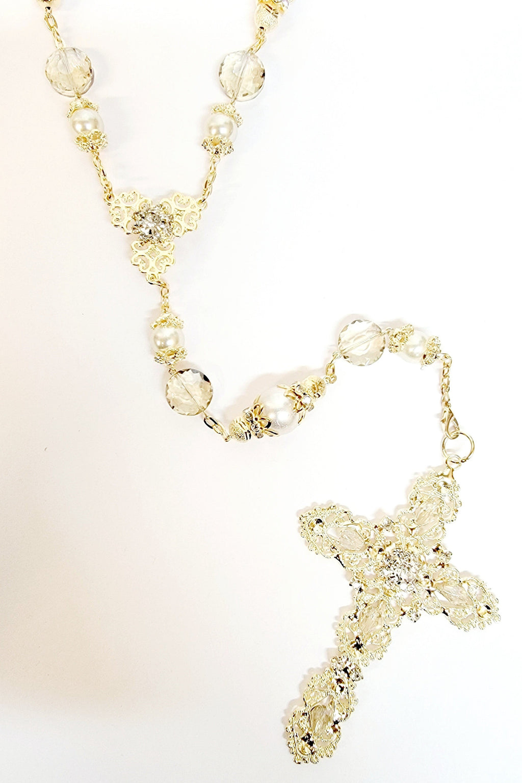 Gold Pearl and Crystal Bead Rosary Wedding Lasso