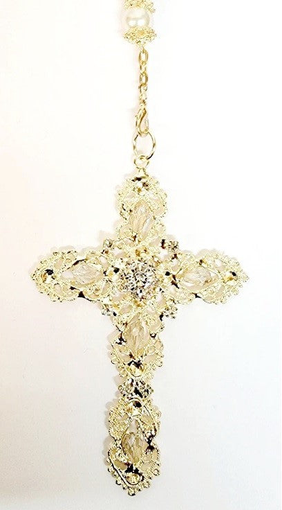 Gold Pearl and Crystal Bead Rosary Wedding Lasso